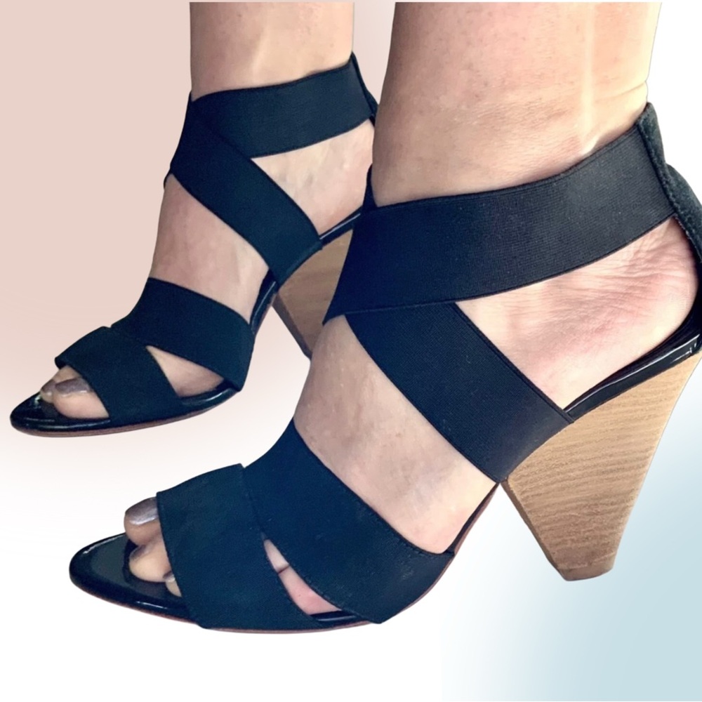 BCBG MAXAZRIA Black Leather & Elastic Strappy Sandals with Stacked Heel - Picture 12 of 12